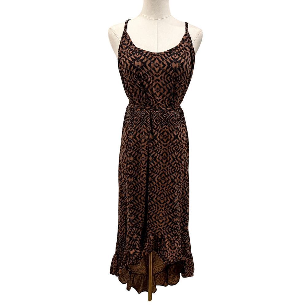 LYS Geometric Print Midi Dress Brown Black High-Low Hem 2X Boho Resort Resort